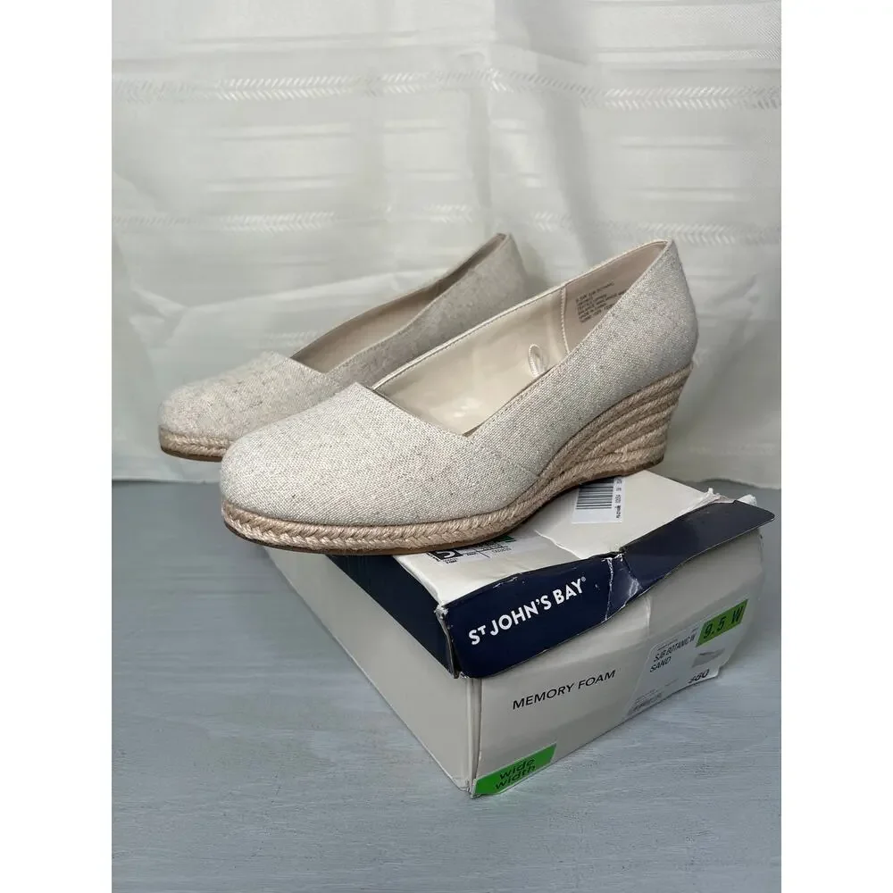 St. John's Bay Botanic Espadrille Wedge Sandals Sand Womens Size 9.5 Wide